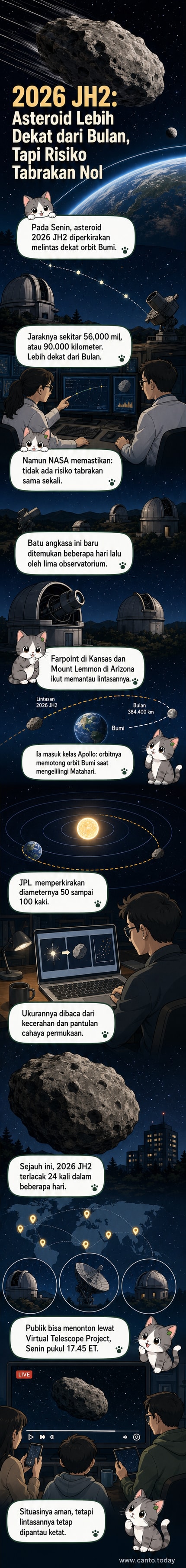 Ilustrasi asteroid kecil melintas dekat Bumi dengan Bulan terlihat di kejauhan, latar belakang gelap ruang angkasa.