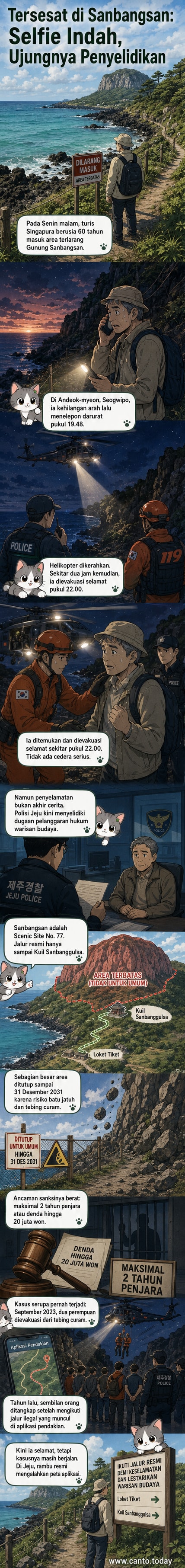 Ilustrasi turis dievakuasi oleh tim SAR di lereng curam Gunung Sanbangsan, Jeju, dengan latar hutan dan tebing terjal.