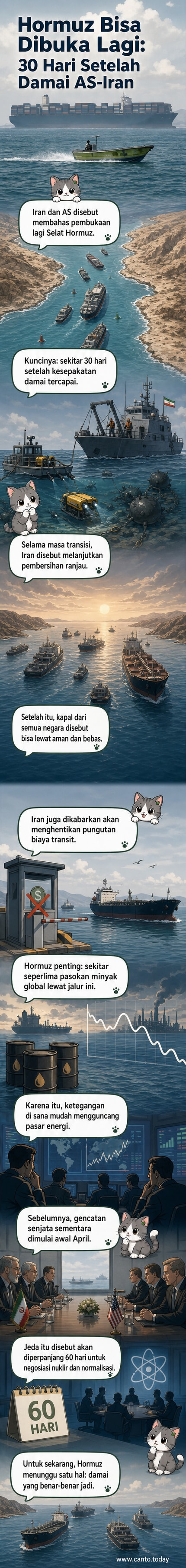 Ilustrasi kapal tanker minyak melintasi Selat Hormuz dengan latar belakang kapal perang dan simbol perdamaian antara Iran dan Amerika Serikat.