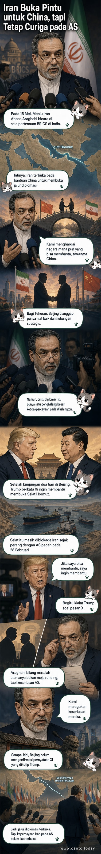 Ilustrasi diplomat Iran dan pejabat China berdiskusi di tengah latar kapal perang dan Selat Hormuz, dengan simbol perdamaian dan ketegangan yang saling berhadapan.