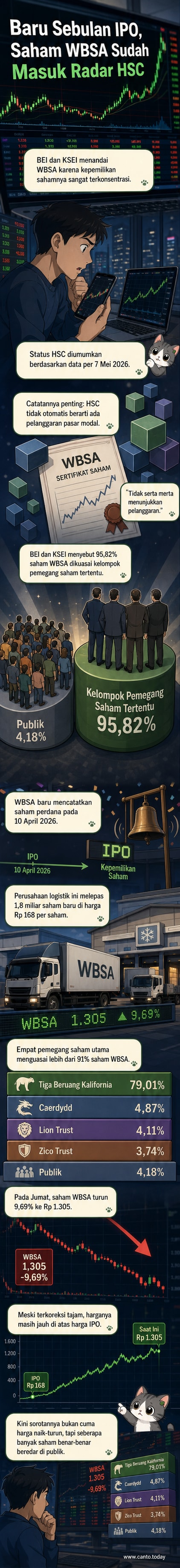 Ilustrasi saham WBSA dengan grafik kepemilikan yang didominasi satu entitas besar, menunjukkan konsentrasi tinggi setelah IPO