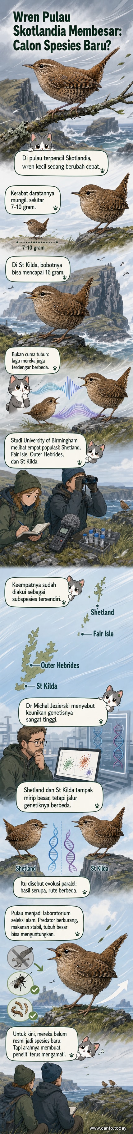 Ilustrasi burung wren kecil di samping versi lebih besar dari populasi pulau Skotlandia, dengan latar belakang pulau berangin dan lautan luas.