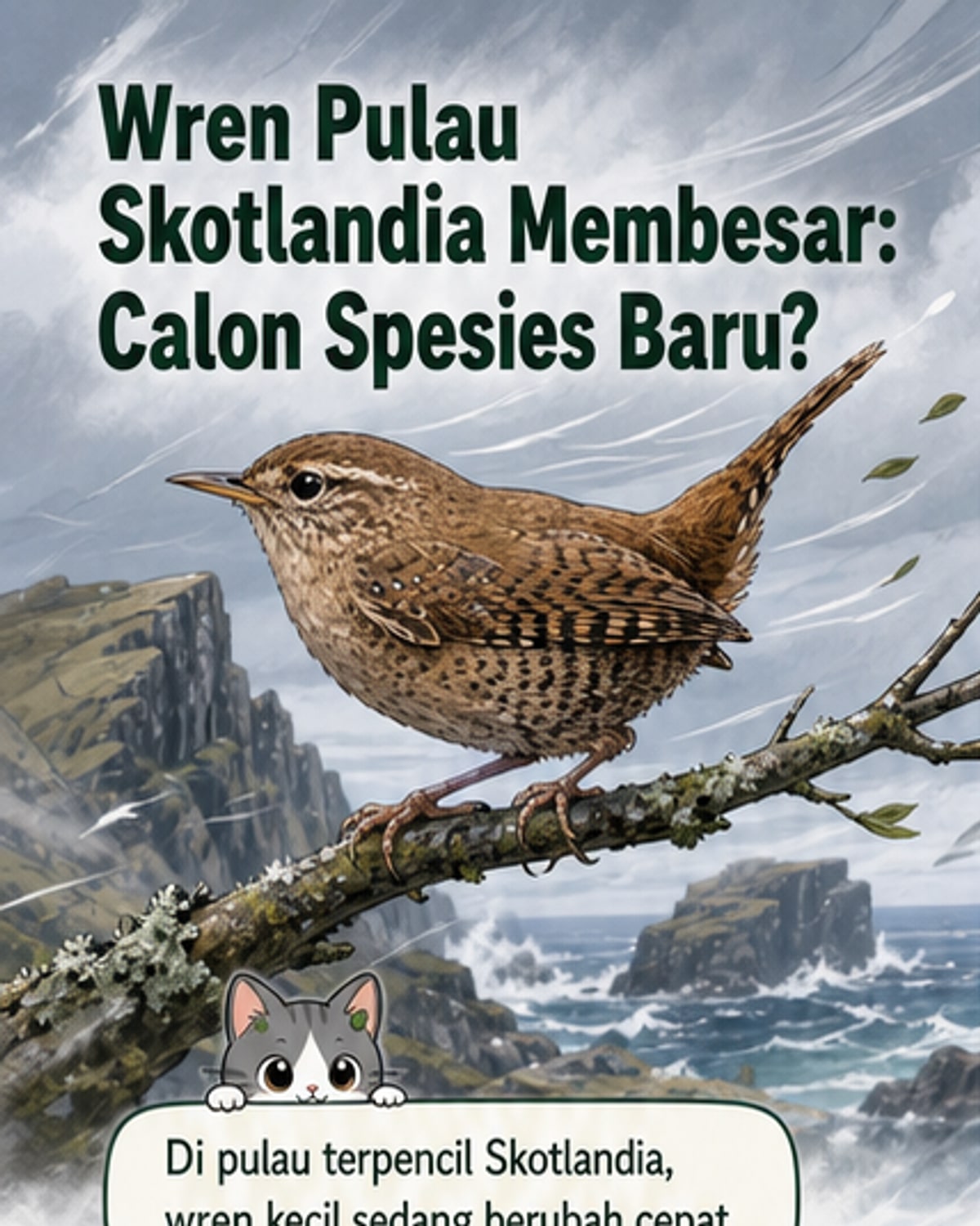 Ilustrasi burung wren kecil di samping versi lebih besar dari populasi pulau Skotlandia, dengan latar belakang pulau berangin dan lautan luas.