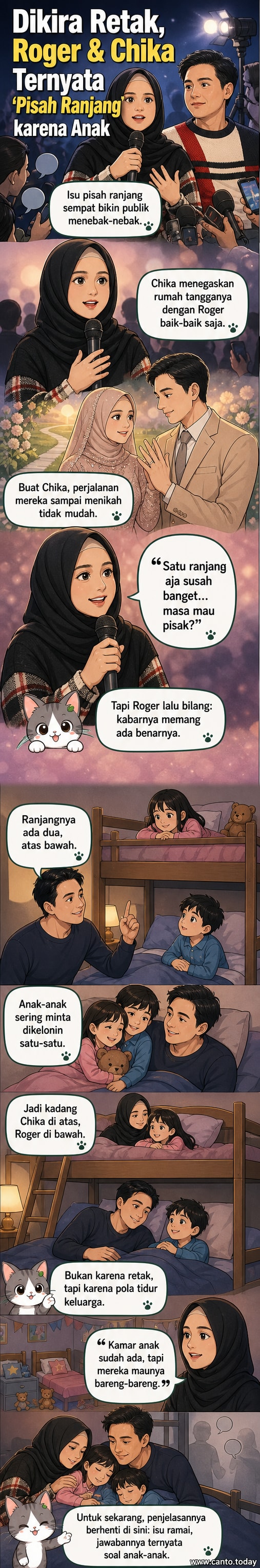 Pasangan artis Roger Danuarta dan Cut Meyriska tersenyum bersama, duduk di ranjang tingkat di kamar anak-anak mereka, dengan suasana rumah yang hangat.