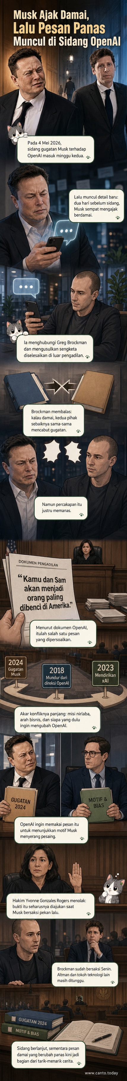 Ilustrasi Elon Musk dan logo OpenAI terpisah oleh palu hakim, dengan pesan teks 'kamu dan Sam akan jadi paling dibenci' mengambang di tengah.