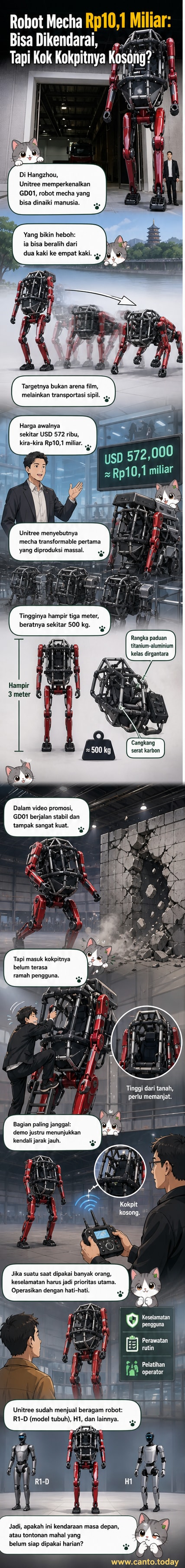 Robot mecha raksasa berdiri tegak di area terbuka, tampak kokpit terbuka di bagian dada, dengan operator memanjat masuk secara manual.