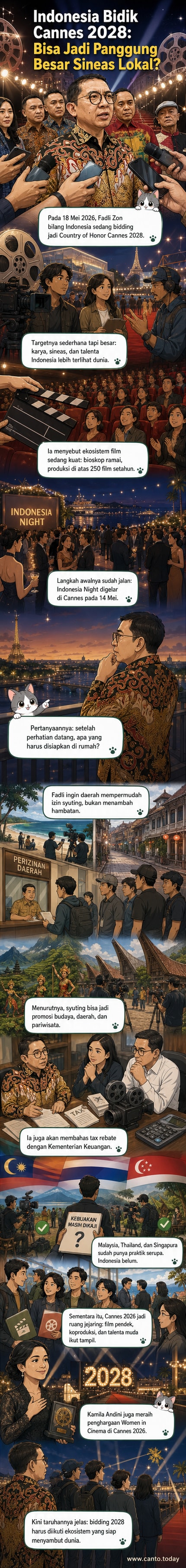 Ilustrasi poster film bergaya internasional dengan bendera Indonesia dan simbol Cannes, menunjukkan ambisi Indonesia menjadi negara kehormatan di Festival Film Cannes 2028.