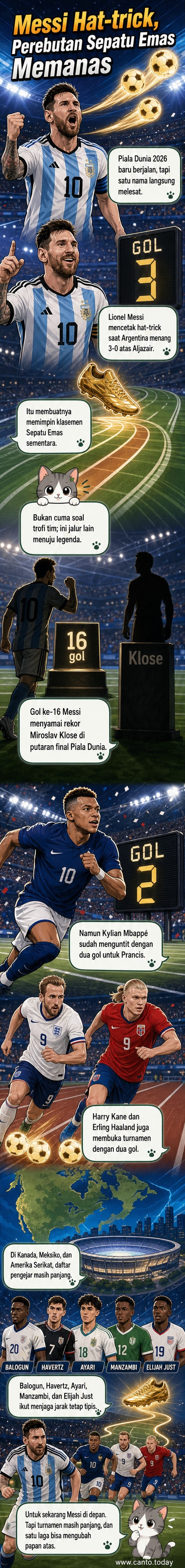 Ilustrasi Lionel Messi merayakan gol ketiganya dalam pertandingan melawan Aljazair, dengan papan skor menunjukkan 3-0 dan daftar pencetak gol teratas di sampingnya.