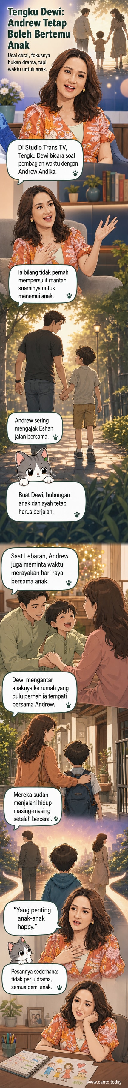 Ilustrasi Tengku Dewi dan Andrew Andika berbagi waktu pengasuhan anak dengan damai, menunjukkan komitmen sebagai orang tua meski sudah bercerai.