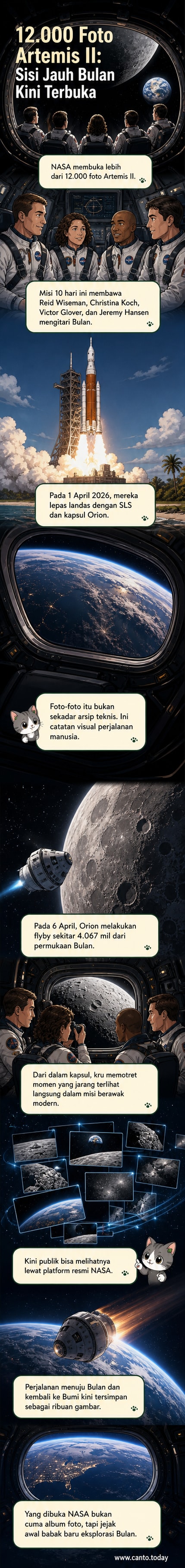 Deretan foto dari misi Artemis II menunjukkan pemandangan Bumi dari luar angkasa, interior kapsul Orion, dan permukaan sisi jauh Bulan yang gelap dan berbatu.