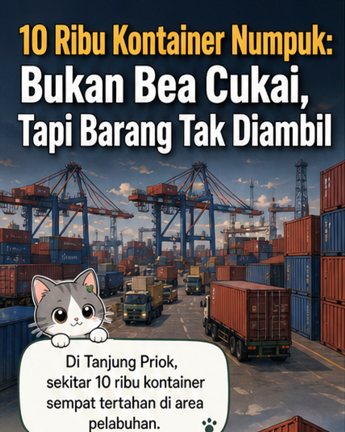 Ilustrasi kontainer menumpuk di Pelabuhan Tanjung Priok dengan latar kapal dan kran bongkar muat, simbolisasi hambatan logistik akibat penahanan barang oleh importir.