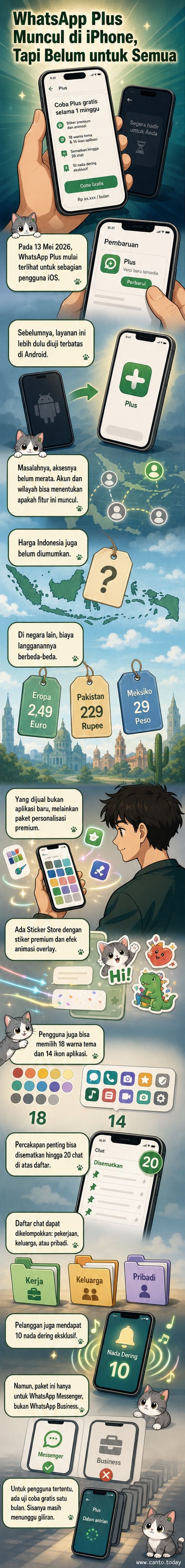 Ilustrasi ponsel iPhone dengan antarmuka WhatsApp Plus yang menampilkan stiker animasi dan tema warna ungu, serta ikon aplikasi bergaya modern.