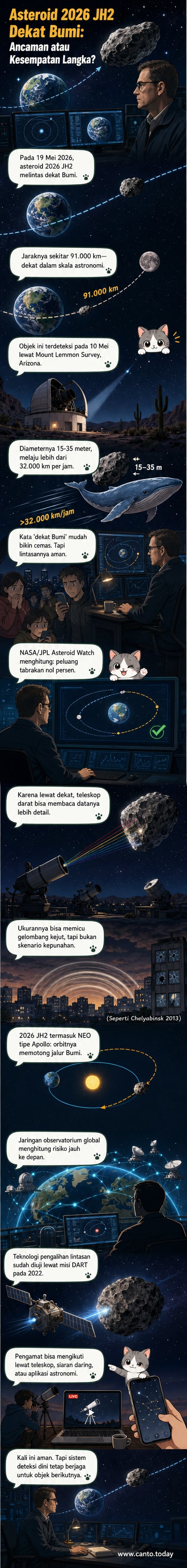 Ilustrasi asteroid 2026 JH2 melintas dekat Bumi dengan Bulan di kejauhan, dilihat dari luar angkasa