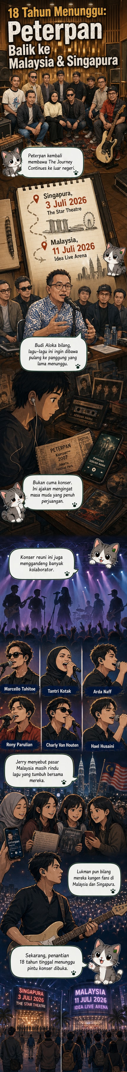 Ilustrasi panggung konser Peterpan dengan siluet penonton dan latar lagu-lagu ikonik seperti 'Mungkin Nanti' dan 'Ada Apa Denganmu'.