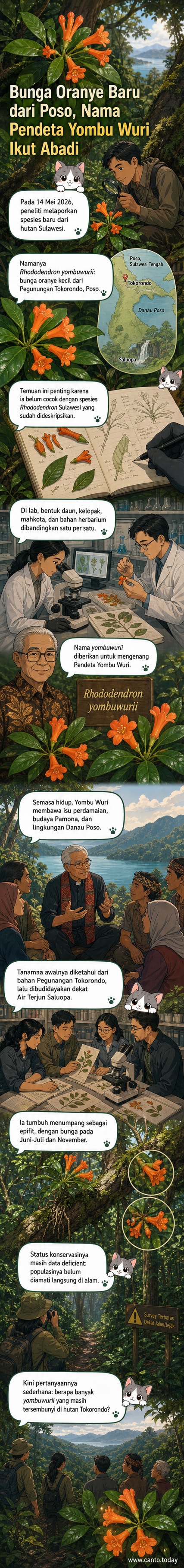 Ilustrasi bunga Rhododendron yombuwurii berwarna oranye cerah tumbuh di pohon hutan pegunungan, dengan latar hutan lebat dan Air Terjun Saluopa di kejauhan.