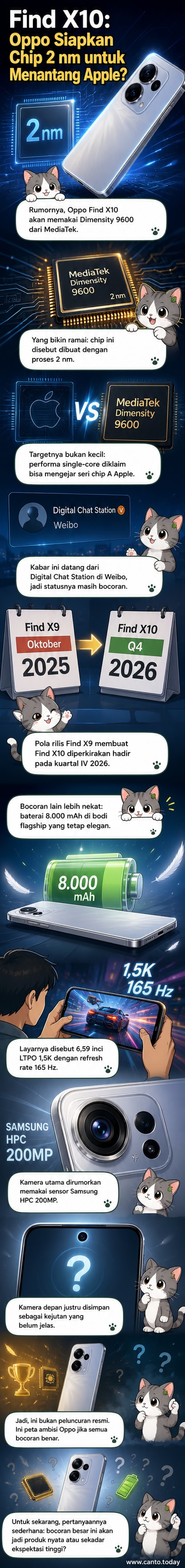 Ilustrasi ponsel Oppo Find X10 dengan chipset MediaTek Dimensity 9600, baterai 8.000 mAh, dan layar 165 Hz.