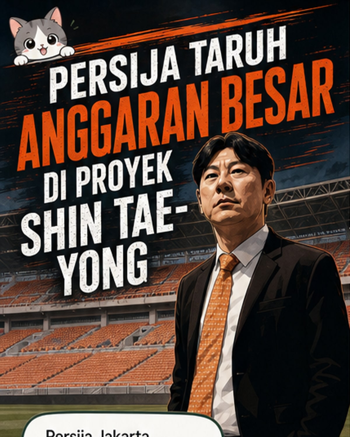Ilustrasi Shin Tae-yong berdiri di pinggir lapangan dengan logo Persija Jakarta di latar belakang, menggambarkan awal proyek ambisius klub untuk musim baru.