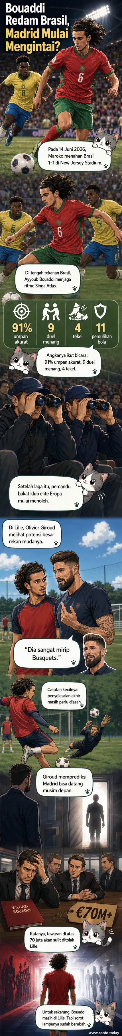 Ilustrasi pemain muda Maroko, Ayyoub Bouaddi, berdiri tegak di tengah lapangan dengan seragam tim nasional, latar belakang kerumunan penonton dan tiang gawang Brasil.