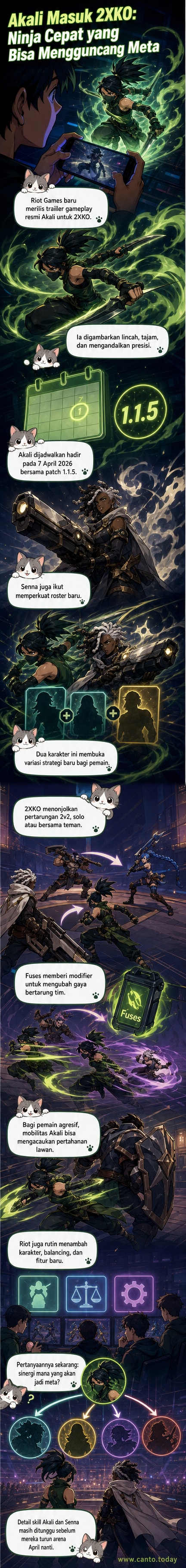 Ilustrasi Akali dalam gaya seni 2XKO, meluncur dengan pedang menyala di tengah latar arena futuristik dengan efek cahaya dan bayangan dari Senna di latar belakang.