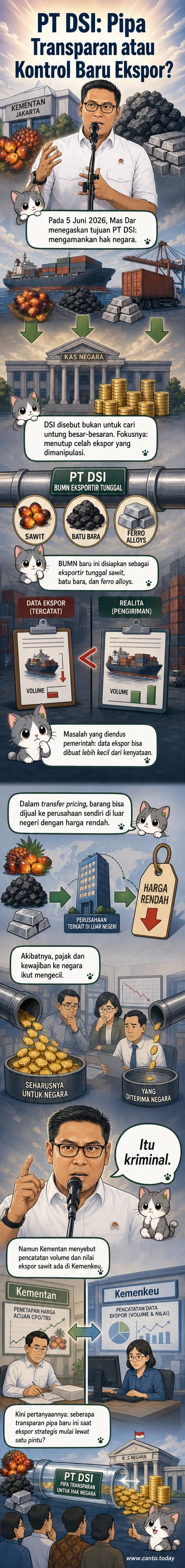 Ilustrasi peta alur ekspor komoditas sawit, batu bara, dan ferro alloys yang dikendalikan oleh PT DSI sebagai eksportir tunggal untuk mengamankan hak negara.