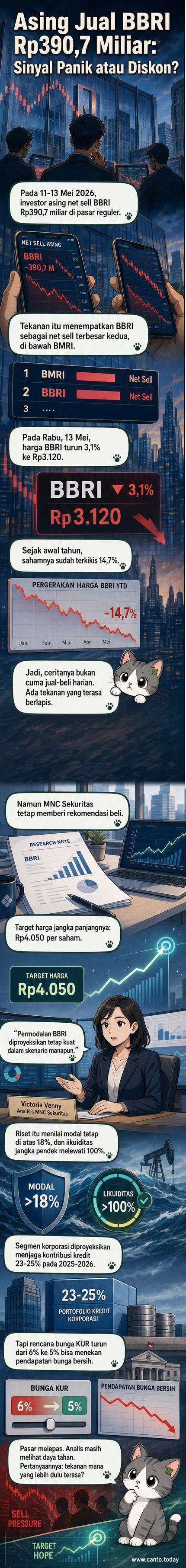 Gedung kantor pusat BRI dengan latar belakang grafik saham yang menunjukkan tren penurunan, disertai ilustrasi transaksi jual saham oleh investor asing