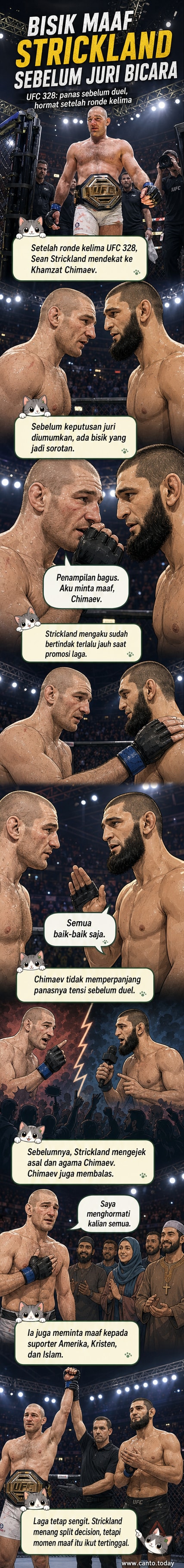 Sean Strickland berbicara dengan Khamzat Chimaev setelah pertarungan di UFC 328, dengan latar belakang kerumunan penonton dan ring tarung.