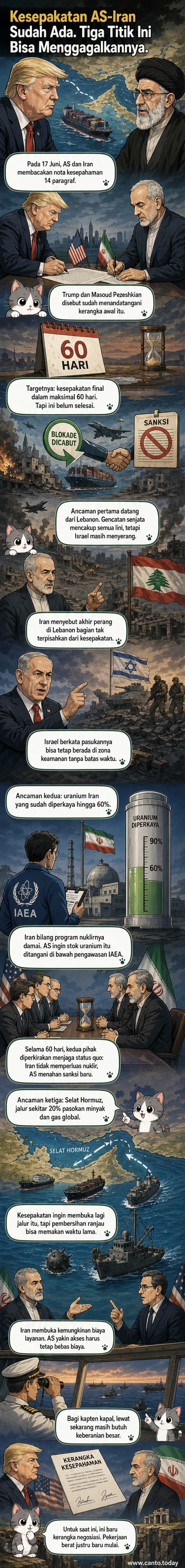 Ilustrasi kesepakatan AS-Iran dengan latar konflik di Lebanon, fasilitas nuklir, dan Selat Hormuz sebagai tiga titik ketegangan utama.