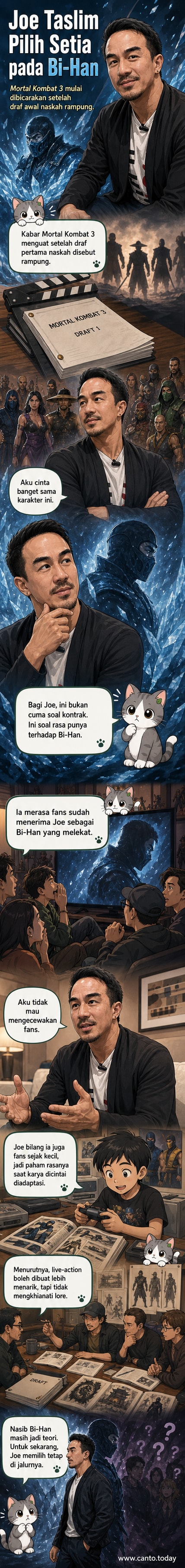 Joe Taslim berbicara serius di depan kamera, mengenakan jaket hitam, dengan latar belakang poster Mortal Kombat.