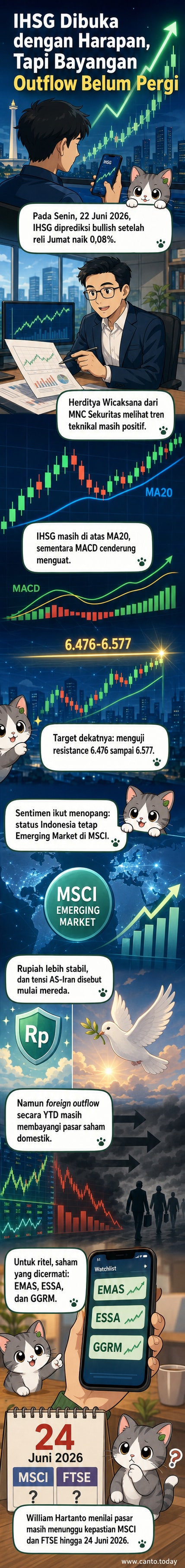 Ilustrasi grafik saham IHSG naik dengan ikon emas, rokok, dan pabrik, mewakili rekomendasi saham EMAS, ESSA, dan GGRM.