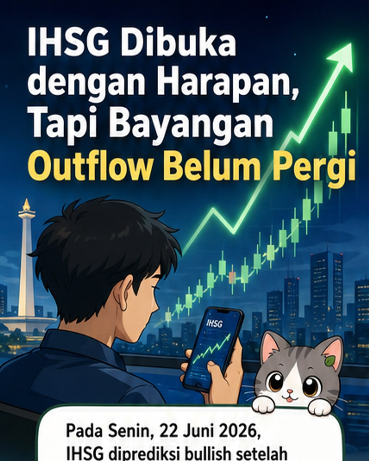 Ilustrasi grafik saham IHSG naik dengan ikon emas, rokok, dan pabrik, mewakili rekomendasi saham EMAS, ESSA, dan GGRM.