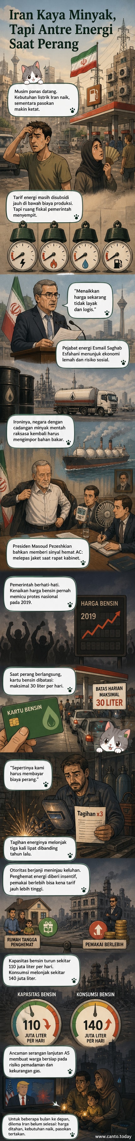 Ilustrasi Iran dengan latar belakang kilang minyak yang rusak dan warga antre bahan bakar, menunjukkan kontras antara kekayaan sumber daya dan krisis energi domestik.
