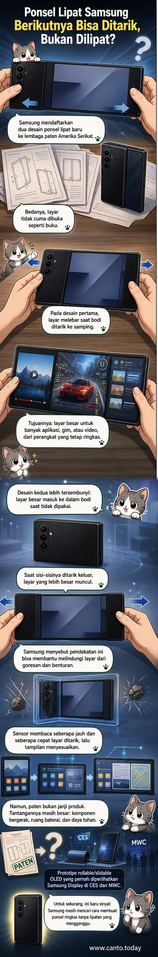 Ilustrasi ponsel Samsung dengan layar yang bisa ditarik keluar secara horizontal, menunjukkan desain tanpa lipatan dan mekanisme geser.