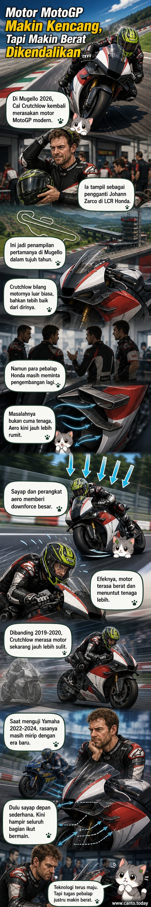 Ilustrasi motor MotoGP dengan desain aerodinamika kompleks di lintasan sirkuit, menunjukkan beban fisik yang dirasakan pebalap saat membelok.