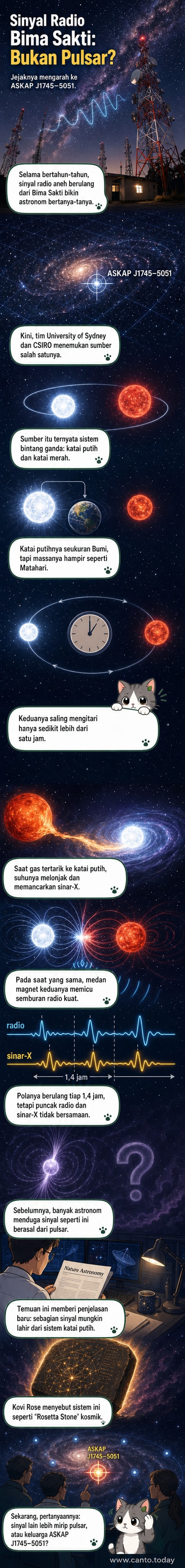 Ilustrasi sistem bintang ganda ASKAP J1745−5051 di galaksi Bima Sakti yang menghasilkan sinyal radio berulang setiap 1,4 jam akibat interaksi antara bintang katai putih dan katai merah.