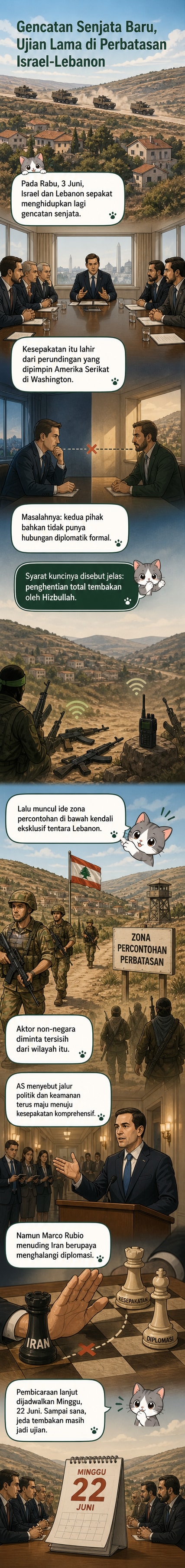 Ilustrasi dua bendera Israel dan Lebanon dengan tangan berjabat di bawah latar damai, simbol gencatan senjata yang difasilitasi AS.