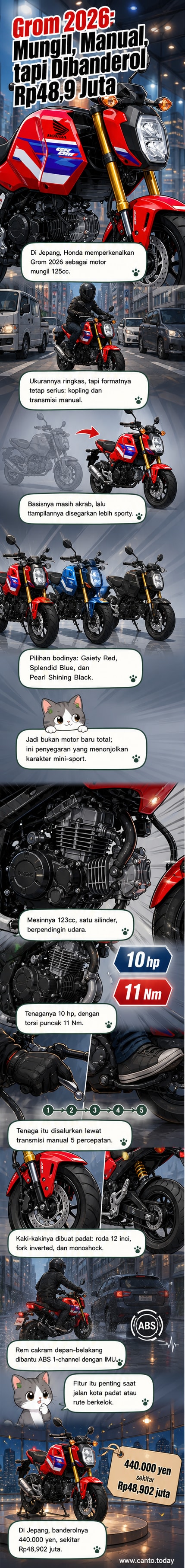 Ilustrasi motor Honda Grom 2026 warna merah menyala dengan desain compact dan sporty, berada di jalanan kota Jepang.