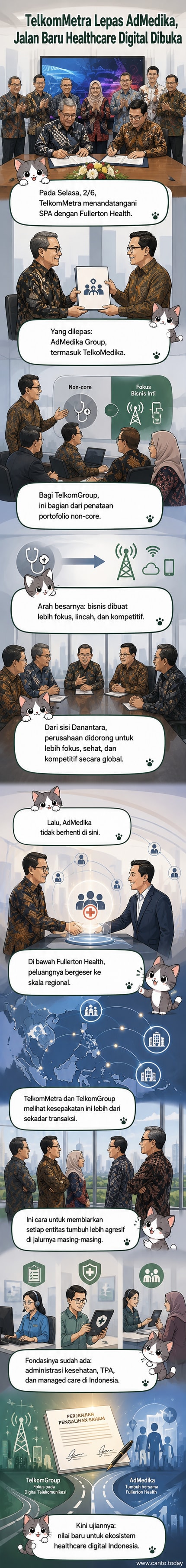 Ilustrasi dua perusahaan menyerahkan dokumen kesepakatan, dengan latar belakang simbol digital dan layanan kesehatan, menandai alih kelola AdMedika dari Telkom ke Fullerton Health.