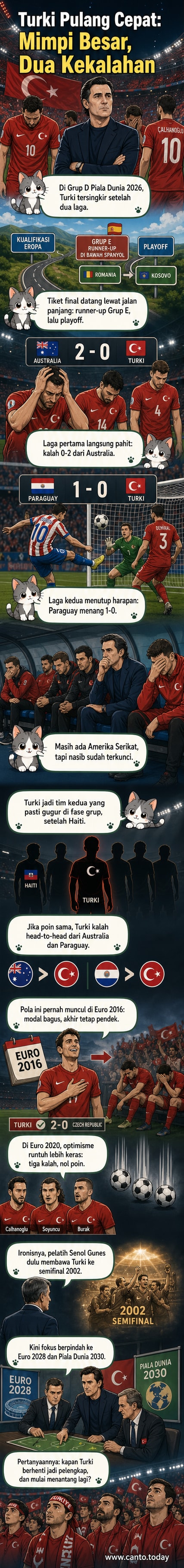 Ilustrasi pemain Timnas Turki berdiri lesu di tengah lapangan setelah kekalahan di Piala Dunia 2026, dengan latar stadion dan bendera Turki yang berkibar pelan.