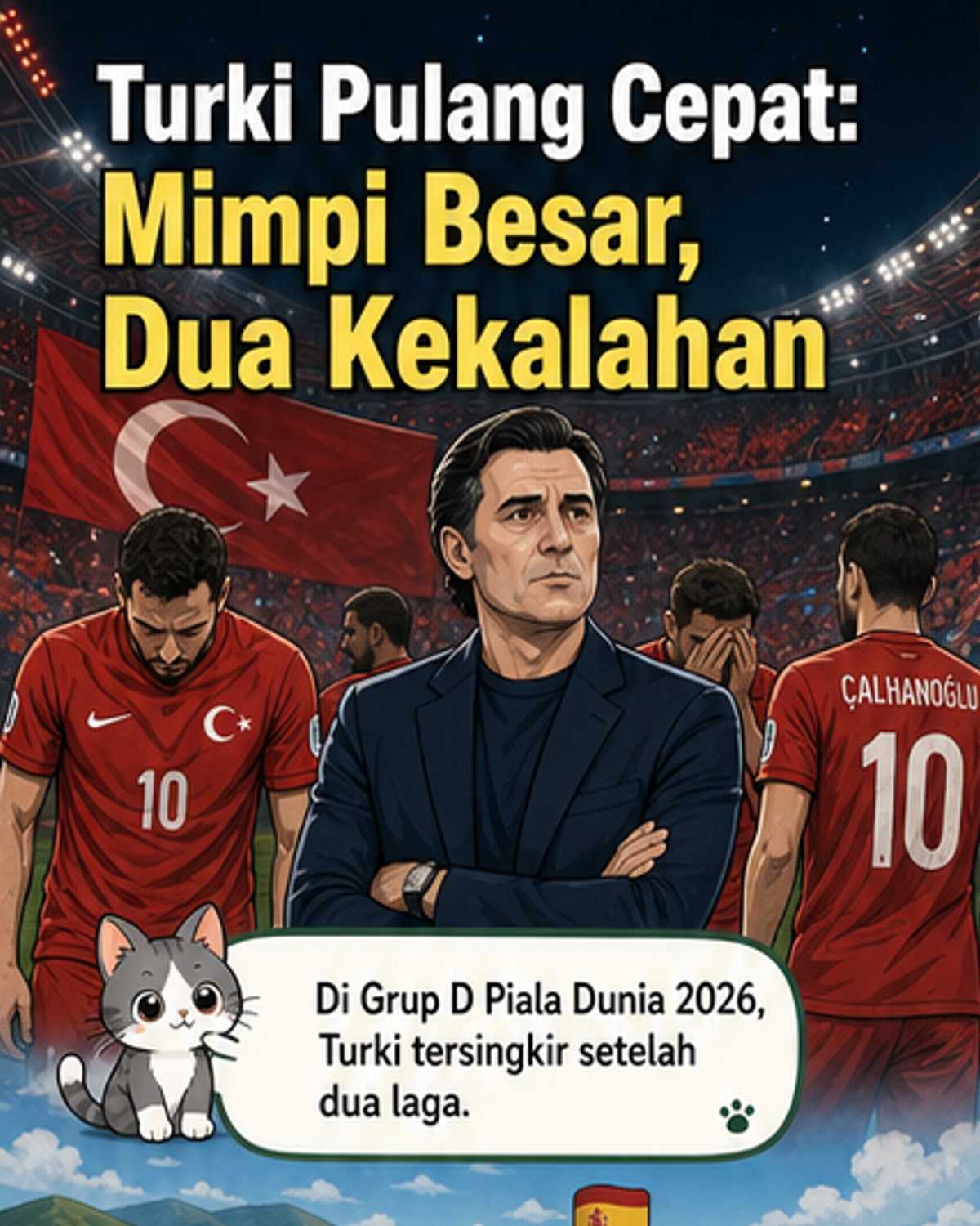 Ilustrasi pemain Timnas Turki berdiri lesu di tengah lapangan setelah kekalahan di Piala Dunia 2026, dengan latar stadion dan bendera Turki yang berkibar pelan.