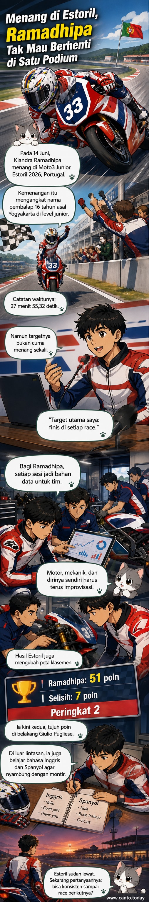 Kiandra Ramadhipa, pembalap muda Indonesia, merayakan kemenangan di Moto3 Junior Estoril 2026 di Portugal, dengan bendera finis berkibar di latar belakang.