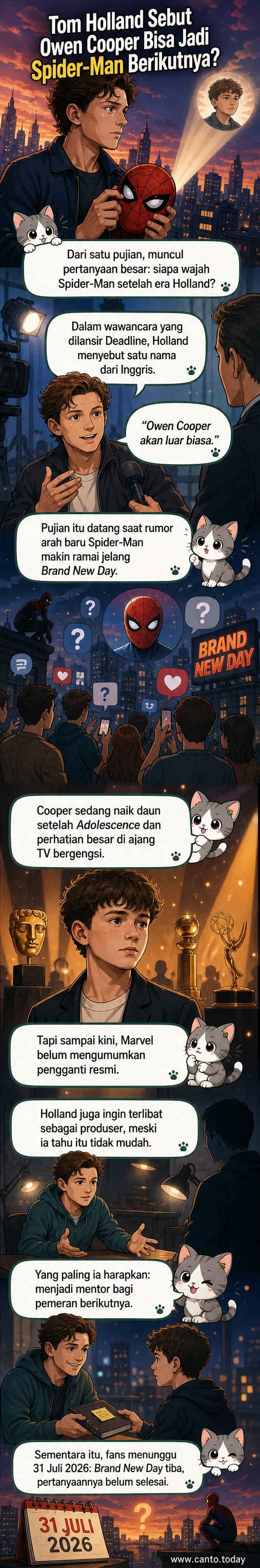 Ilustrasi dua aktor: Tom Holland di kostum Spider-Man dan Owen Cooper muda dengan latar London, menunjukkan transisi generasi pemeran superhero.