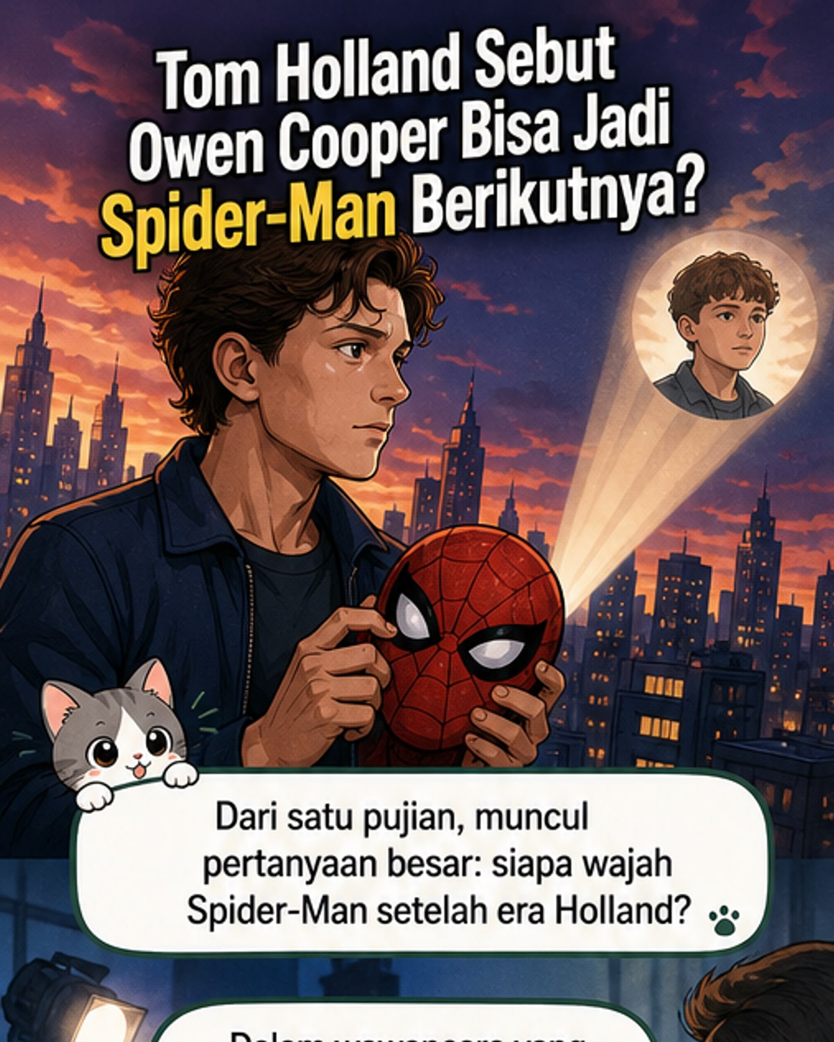 Ilustrasi dua aktor: Tom Holland di kostum Spider-Man dan Owen Cooper muda dengan latar London, menunjukkan transisi generasi pemeran superhero.