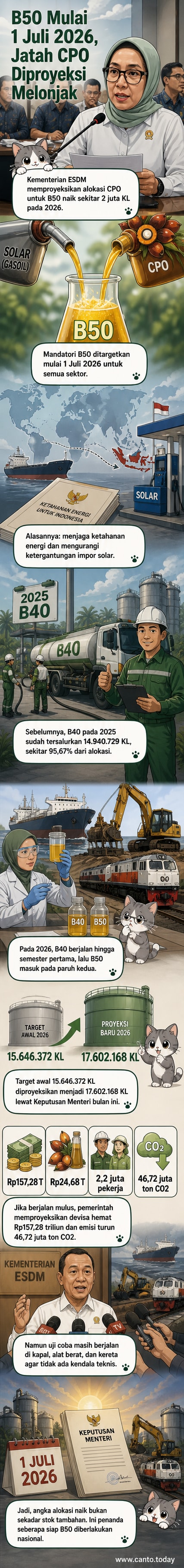 Ilustrasi botol sampel biodiesel sawit dan alat uji di laboratorium, menunjukkan kesiapan penerapan B50 sebagai campuran solar nasional.