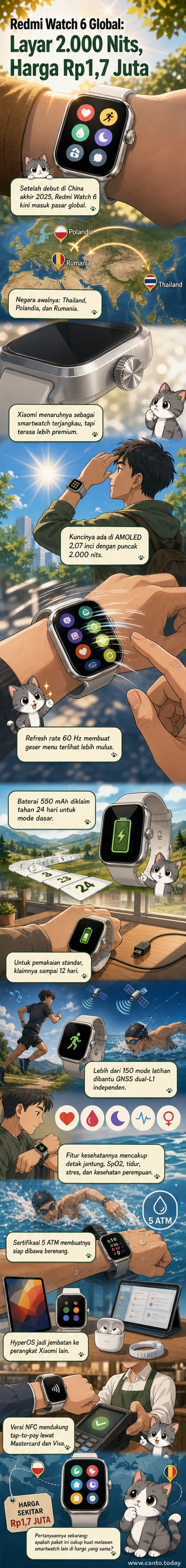 Tampak depan Redmi Watch 6 dengan layar AMOLED berbingkai aluminium dan tombol stainless steel di sisi kanan