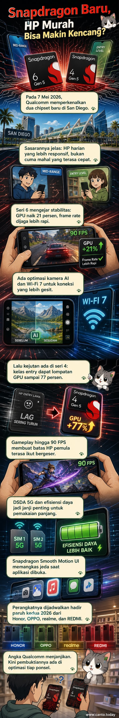 Ilustrasi dua ponsel pintar dengan chipset Snapdragon 6 Gen 5 dan 4 Gen 5, menunjukkan grafik performa dan konektivitas 5G yang melambung.