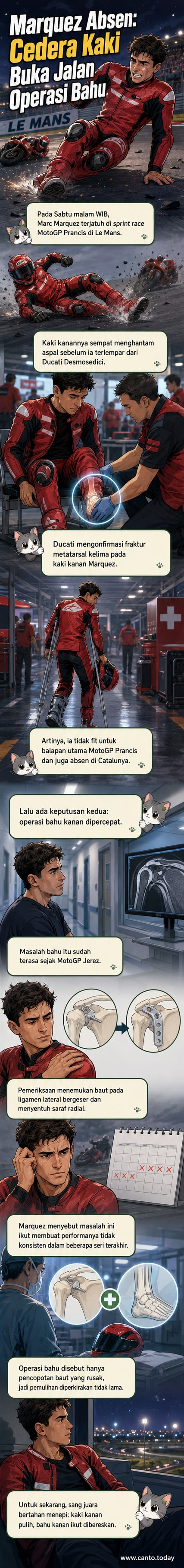 Ilustrasi Marc Marquez terjatuh di tikungan Le Mans, dengan latar sirkuit dan motor Ducati tergeletak.