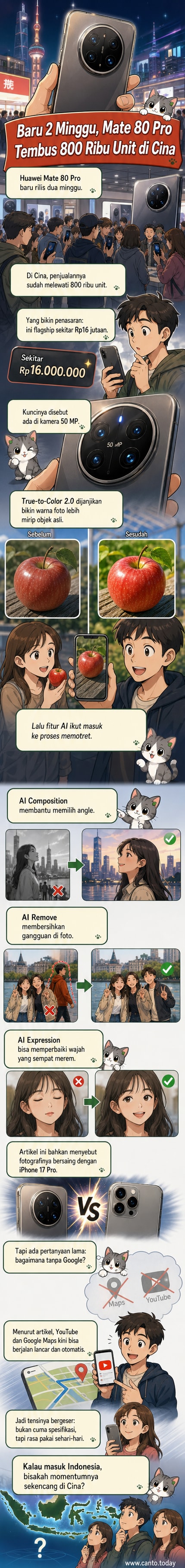 Ilustrasi ponsel Huawei Mate 80 Pro dengan sorotan pada kamera belakang dan antarmuka fitur AI seperti AI Composition dan AI Expression.