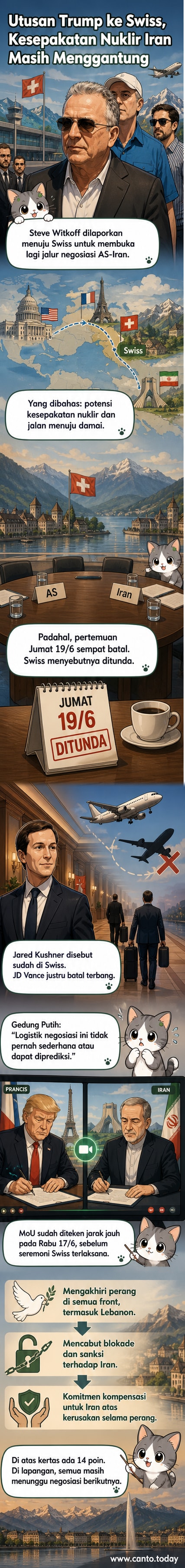 Ilustrasi dua utusan berjabat tangan di bawah bendera PBB, dengan latar Swiss dan simbol nuklir terkunci.