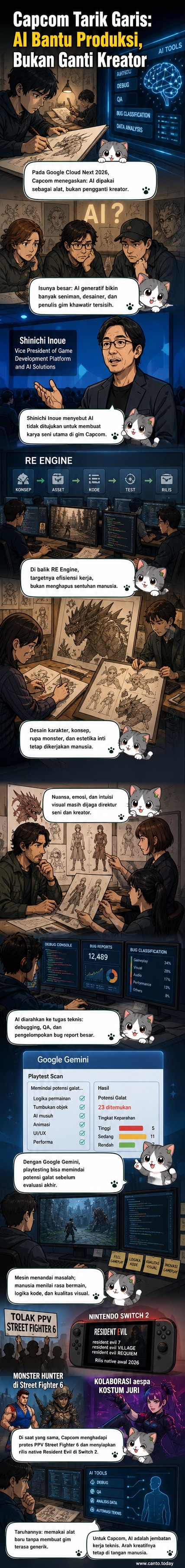 Ilustrasi dua tangan: satu tangan manusia menggambar karakter gim, satu lagi tangan robotik memproses kode dan laporan bug di layar, menunjukkan kolaborasi antara kreator dan AI.