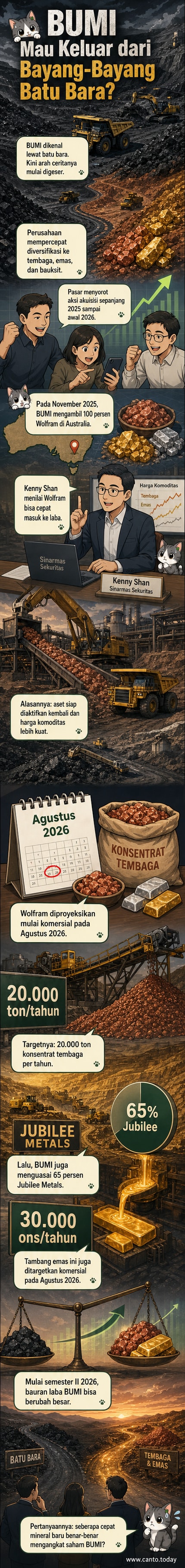Ilustrasi dua tambang di peta dunia dengan simbol tembaga dan emas, mewakili ekspansi BUMI keluar dari batu bara.